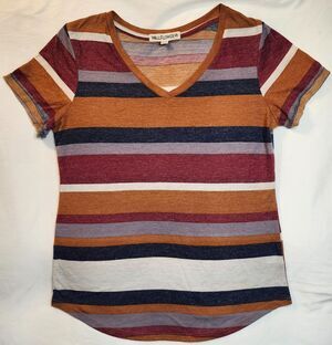 Womens 70s Inspired Striped V-Neck T-Shirt Small Bold Retro Brown Color Palette